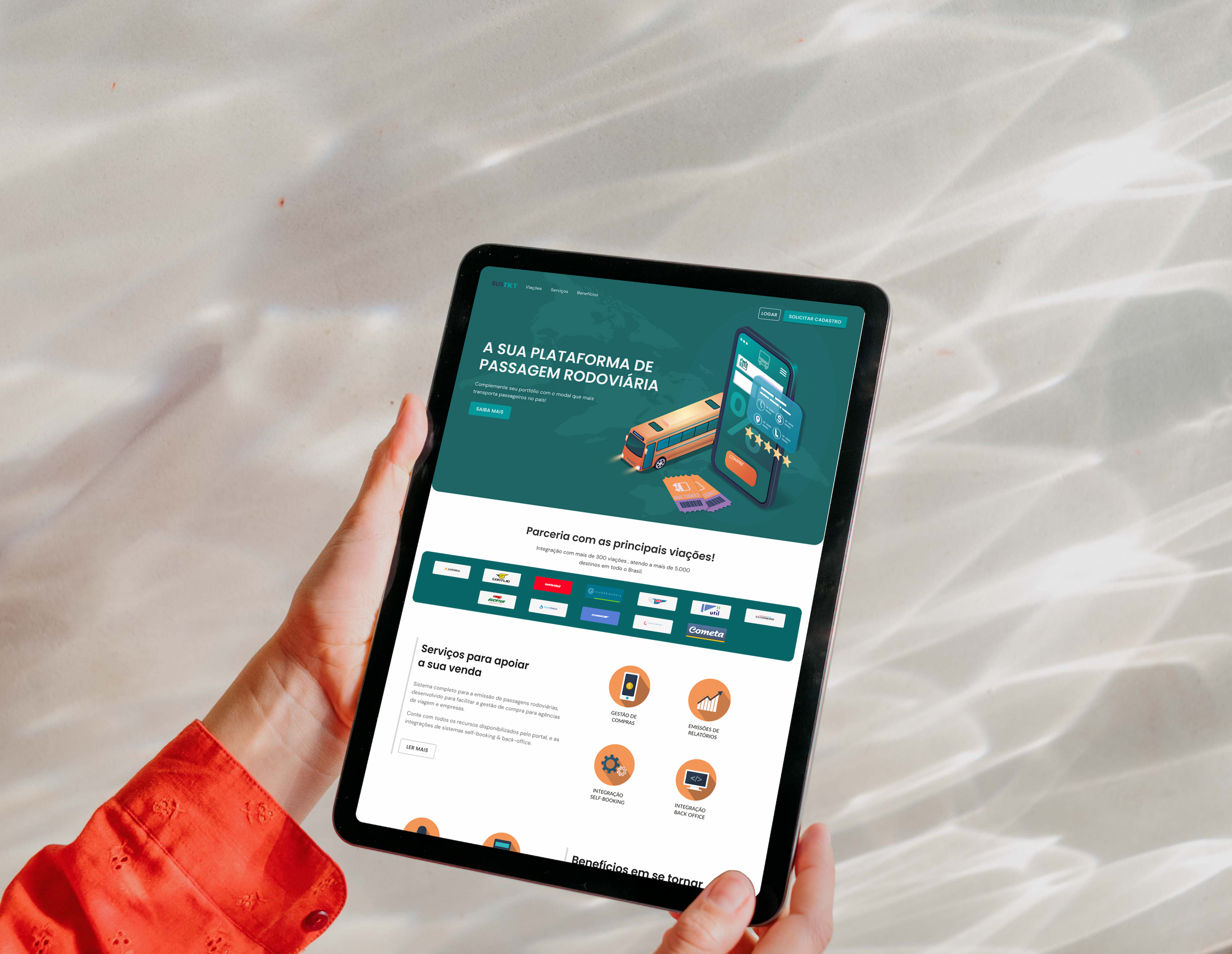Mockup da landing page BusTKT em tablet