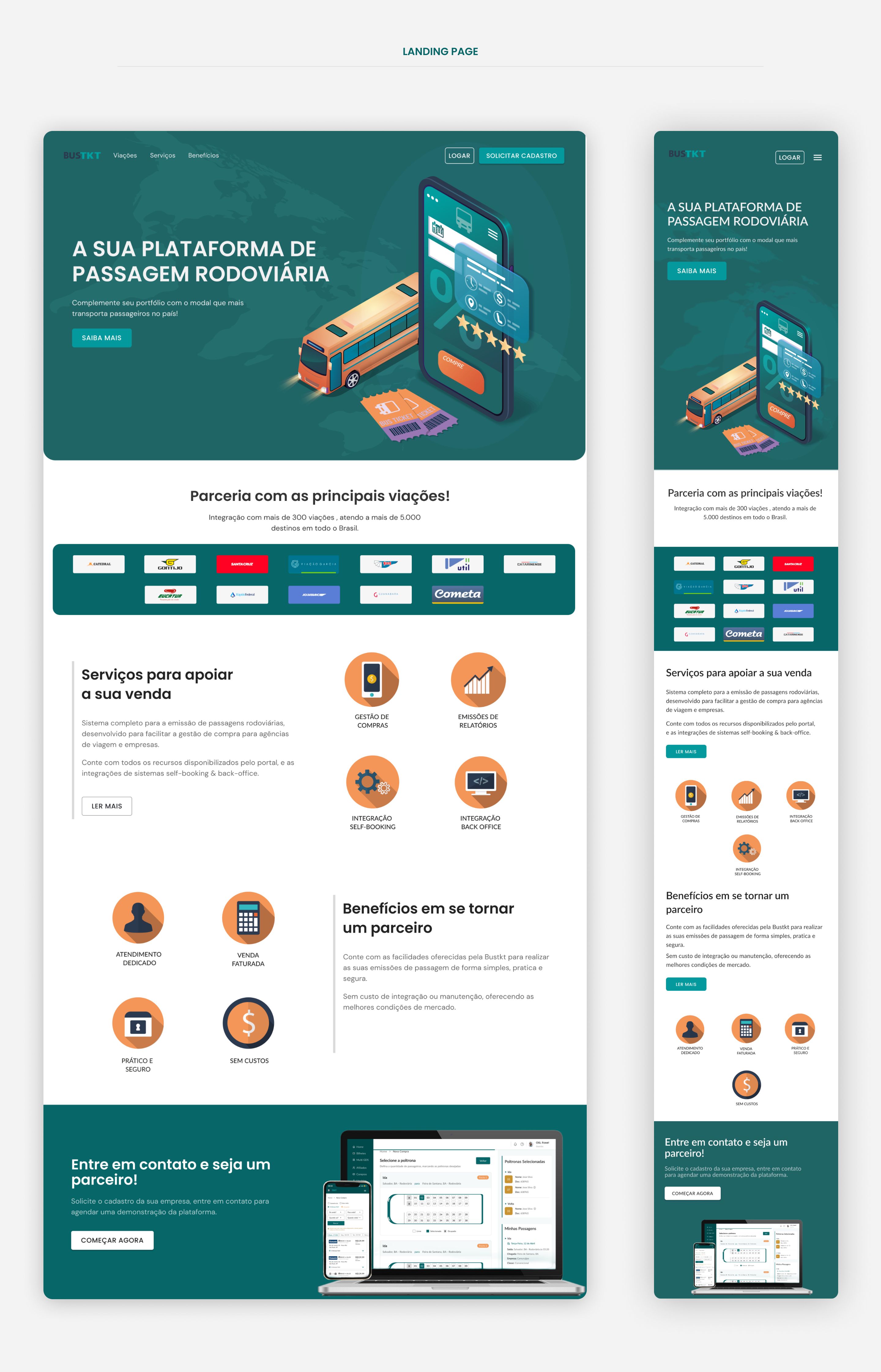 Landing page do BusTKT nas versões desktop e mobile