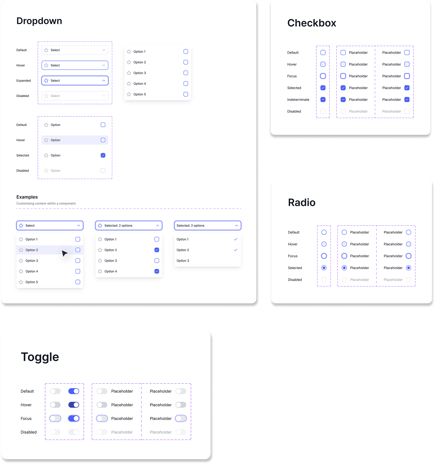 Componentes de dropdown, checkbox, radio e toggle