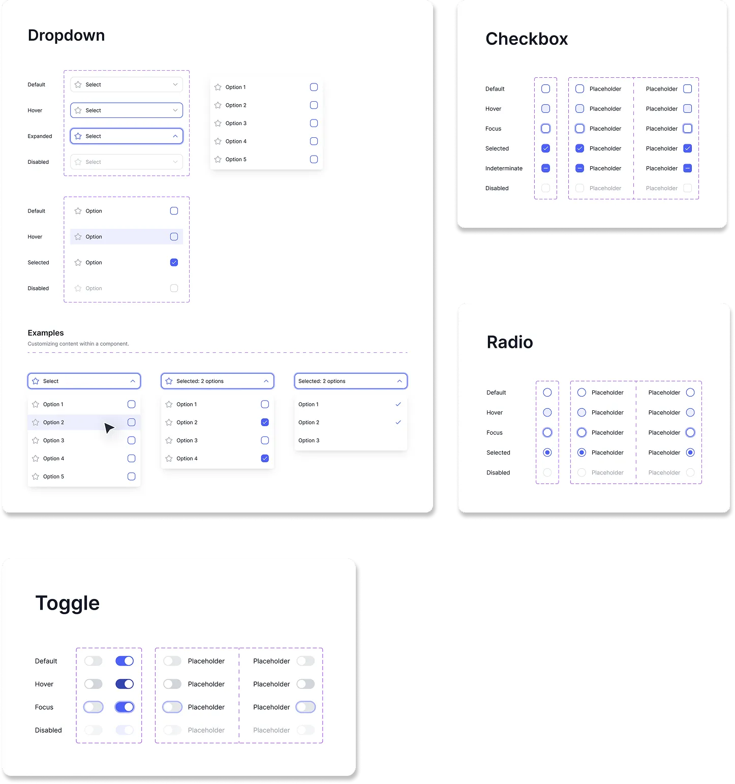 Componentes de dropdown, checkbox, radio e toggle
