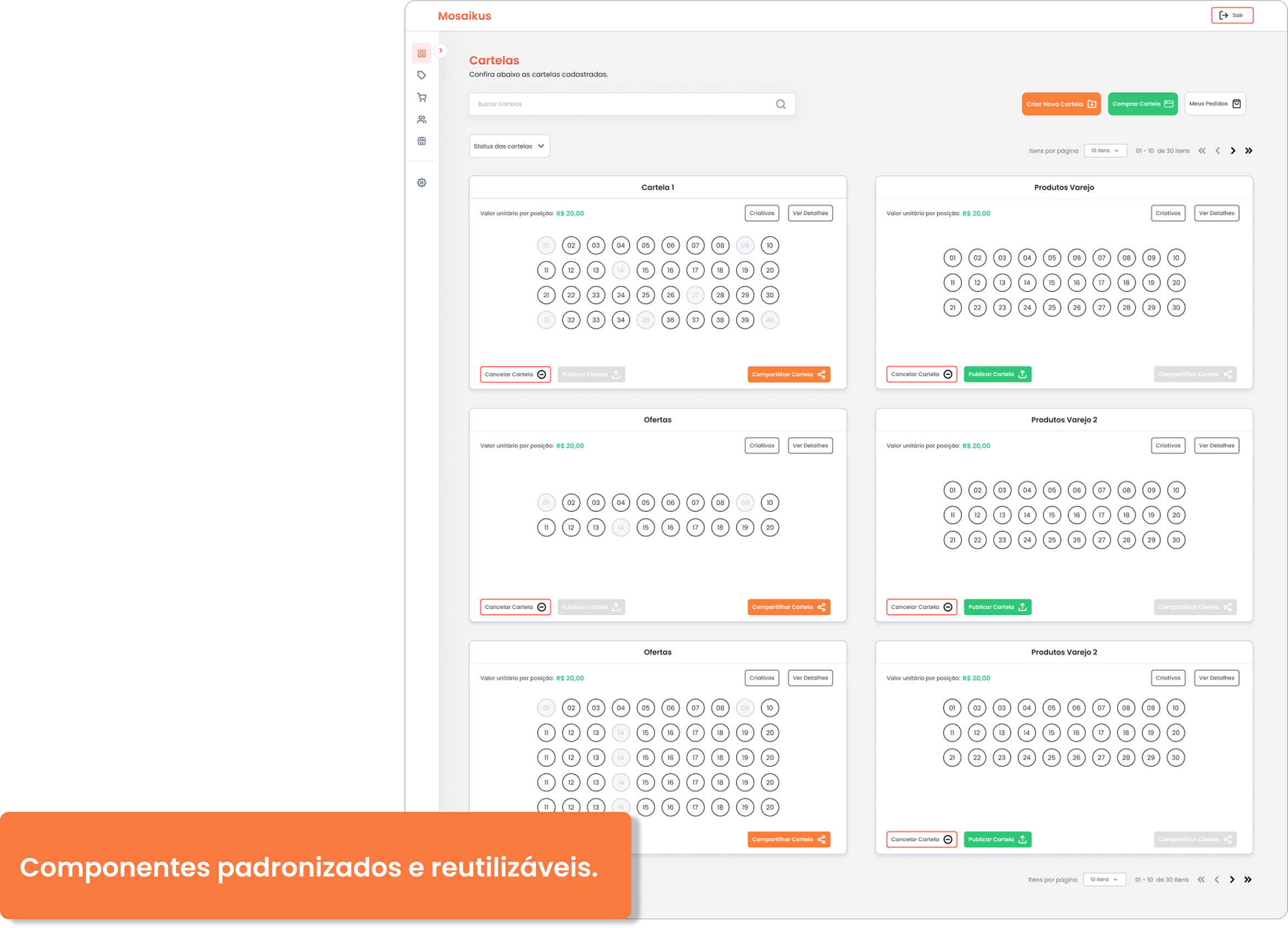 Tela de Cartelas com componentes padronizados e reutilizáveis