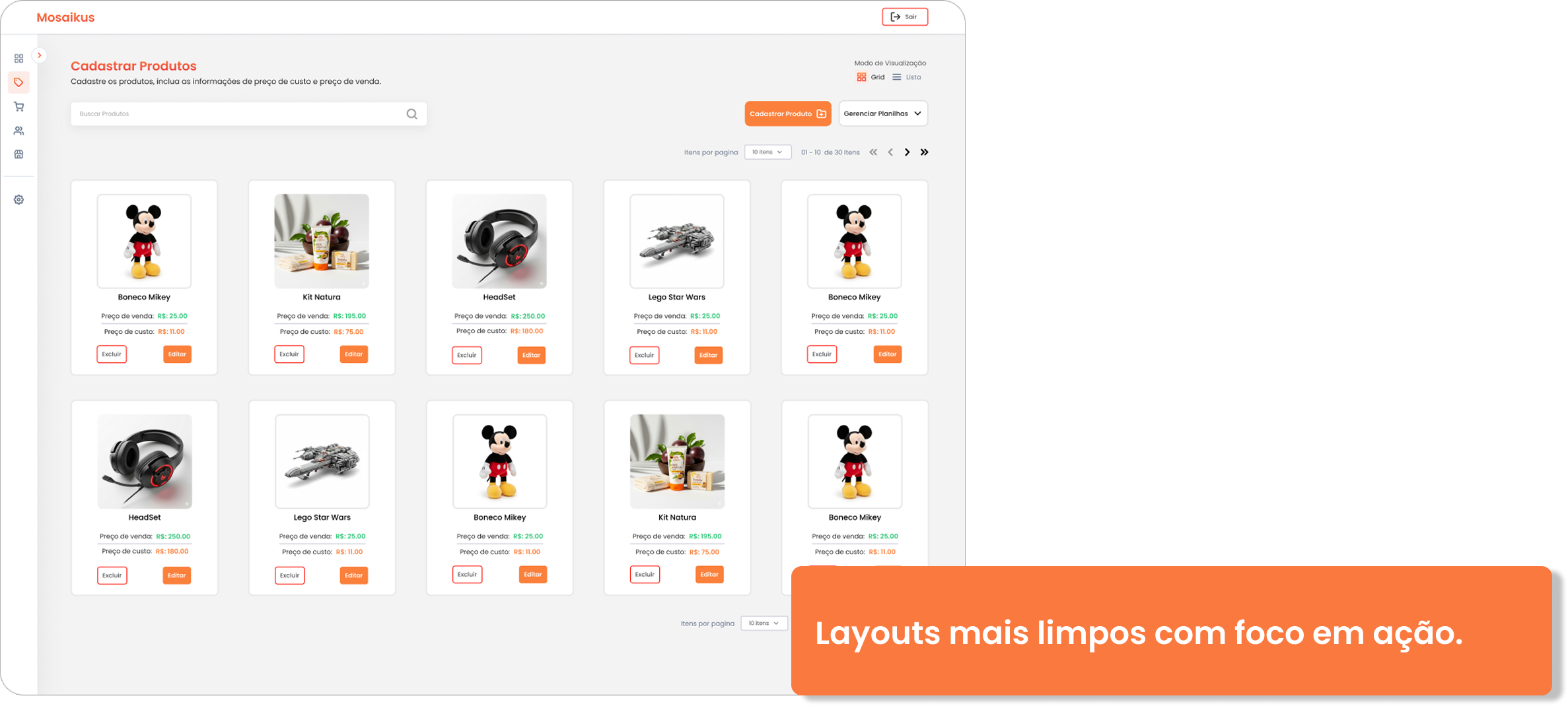 Tela de Produtos com layout mais limpo e focado em ação