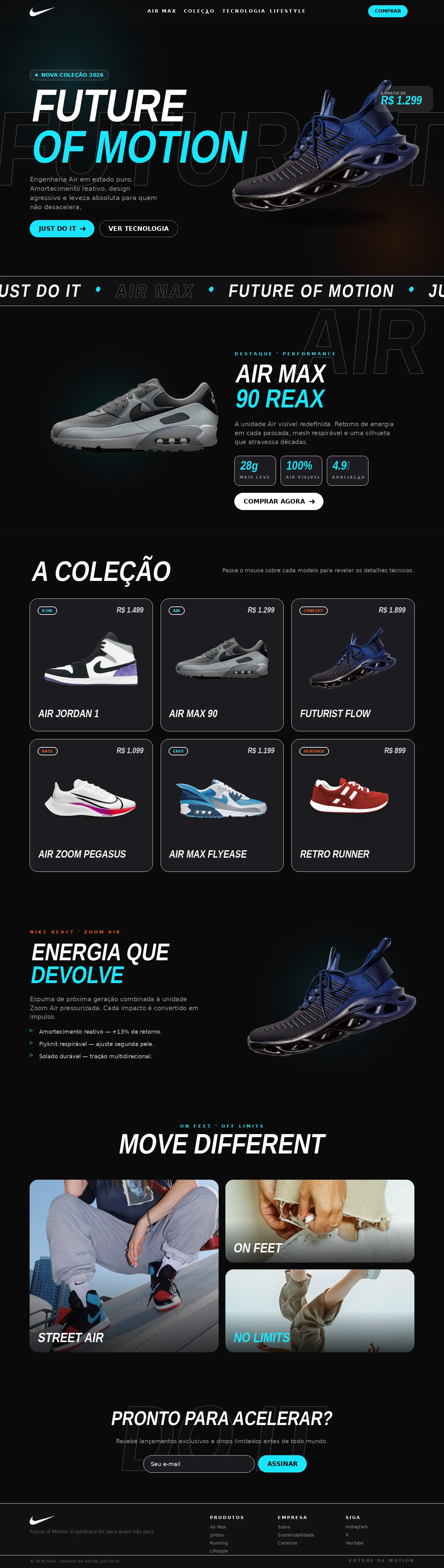 Landing page completa Nike: Future of Motion